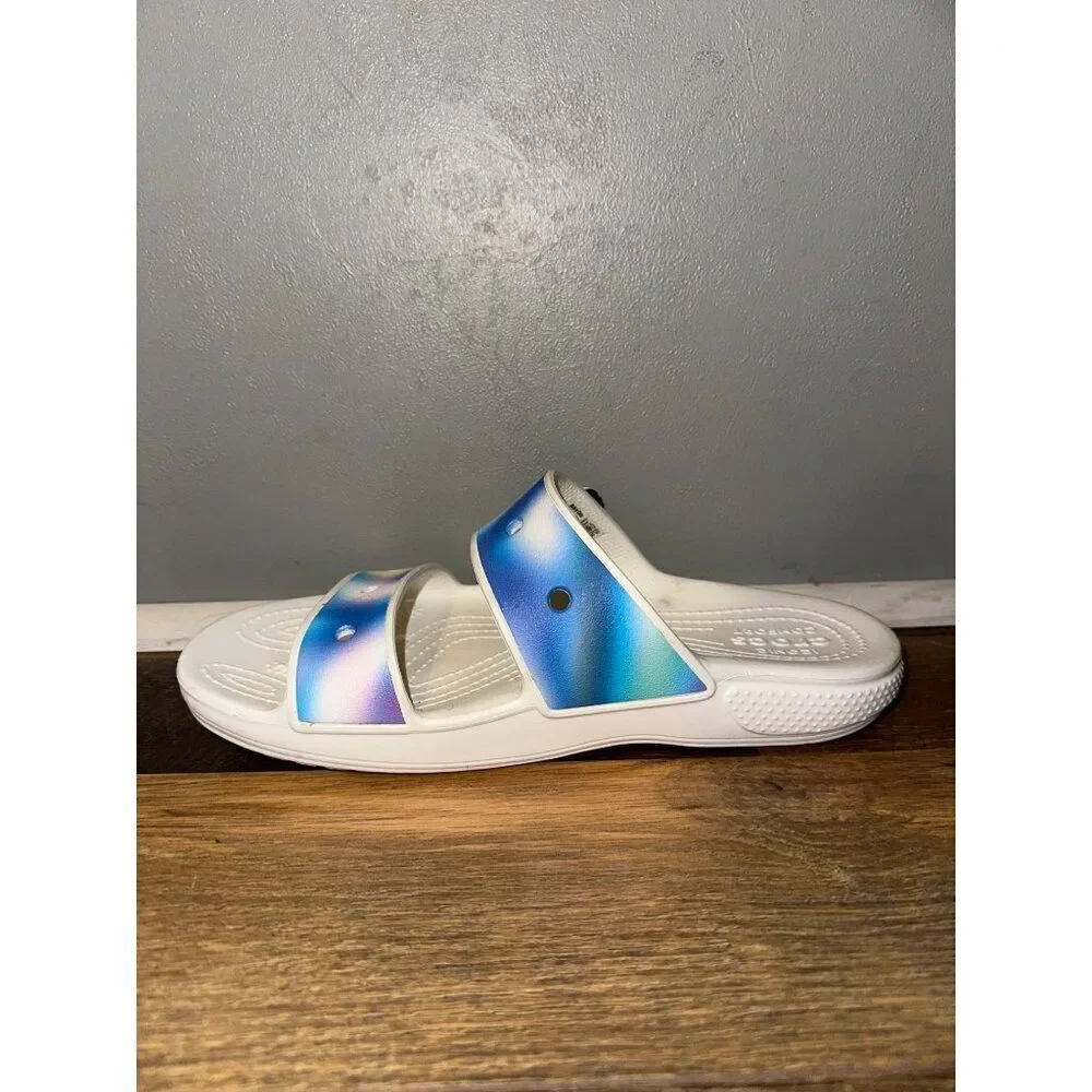 CROCS White Slide Sandals with Rainbow Gradient Straps
